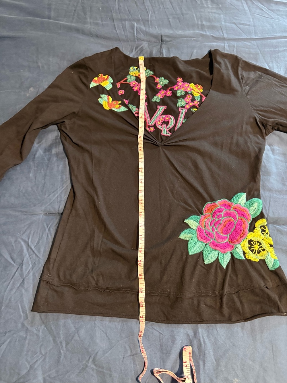 Johnny Was Black Long Sleeve Tee with Pink & Green Floral Embroidery - Picture 5 of 5